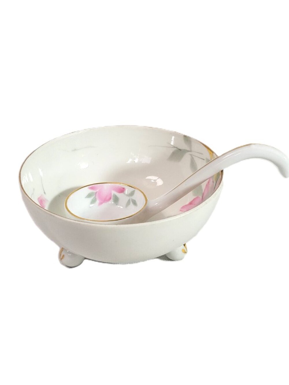 Antique Noritake Azalea Hand Painted Porcelain 3-Footed Bowl with Matching Ladle